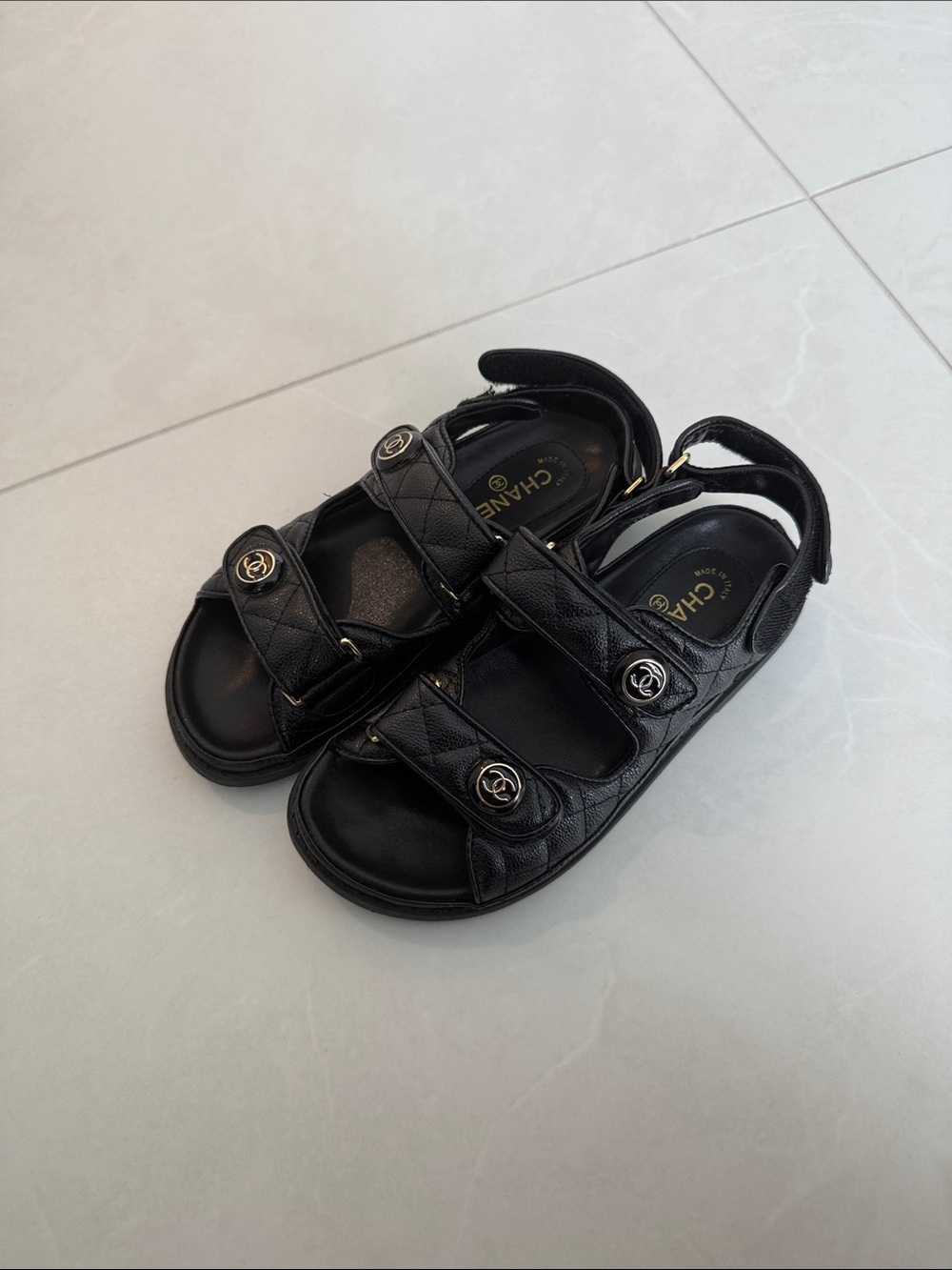 Quilted Black Leather Velcro Strap Sandals with Gold CC Accents